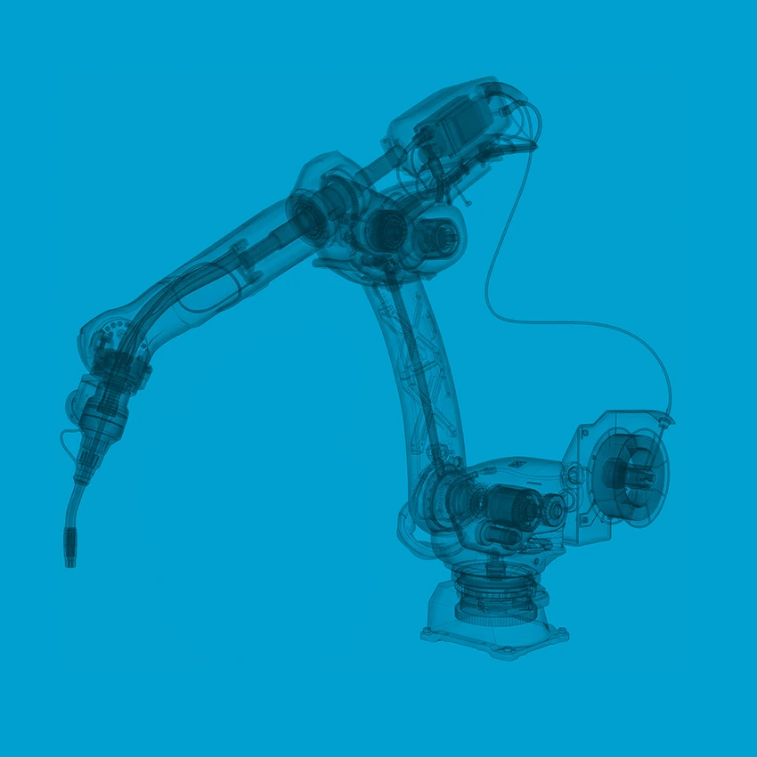 a 3d render of the same an industrial-scale robotic arm shown in a wireframe style