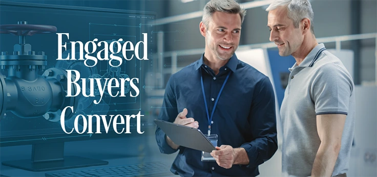 Two men discussing some technical information with the title, Engaged Buyers Convert