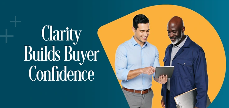 Two men looking at an iPad with the title Clarity Builds Buyer Confidence