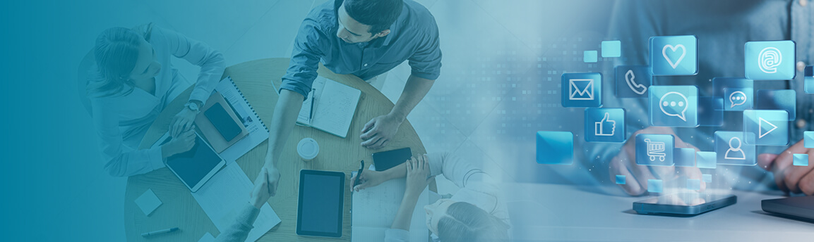 Social Media icons over a phone next to a table of workers