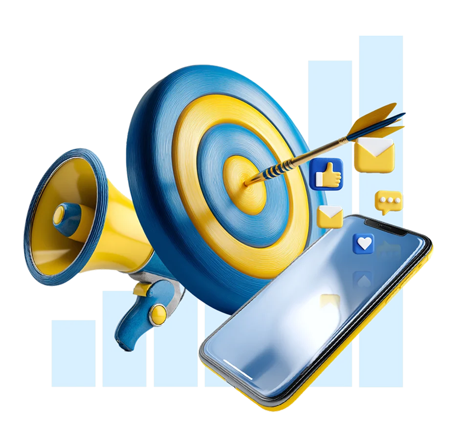 A 3d collage of a bullhorn, a bullseye target, and a mobile phone